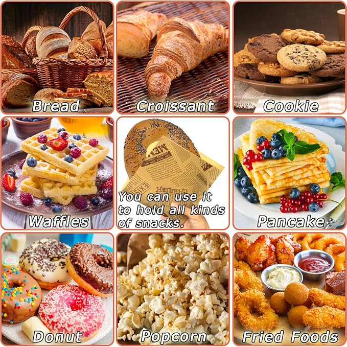 Soft Pretzel Bags 7"x7" Double Open Sandwich Bags 50Pcs, Grease-proof Parchment Paper Bags Newspaper Style Sandwich Wrappers for Cookie Snack Deli Bakery Family Daily Wrap