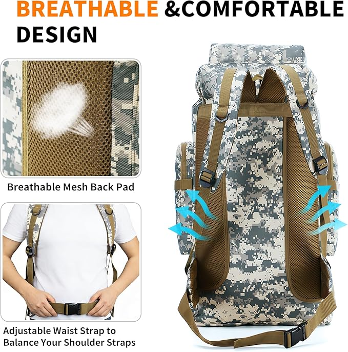 Hiking Backpack Tactical Backpack for Men Women, 80L Military Backpack Rucksack Waterproof Large Travel Camping Backpack for Men, Molle Rucksack Outdoor Travel Cycling Daypack (City Camo)