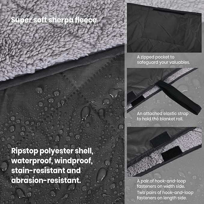 Outdoor/Indoor Sherpa Blanket, Oversized Waterproof Stadium Blanket for Cold Weather. Warm, Soft, Portable, Great for Stadium, Sports Events, Camping, Indoor - 82x56in., Dark Gray