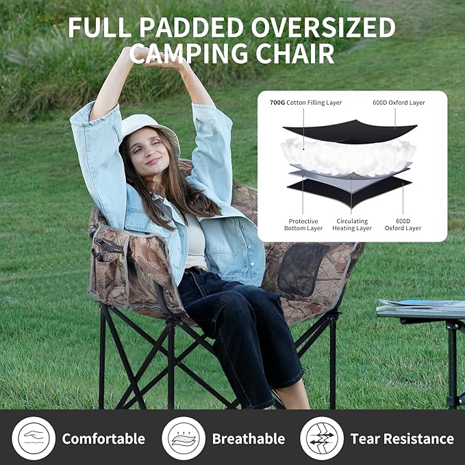 2 Pack Oversized Heated Camping Chair, 3 Heating Levels Portable Folding Camp Chairs with Pillow and Storage Bag, Outdoor Heated Moon Chair for Camping Lawn Patio Beach and Picnics, Camo