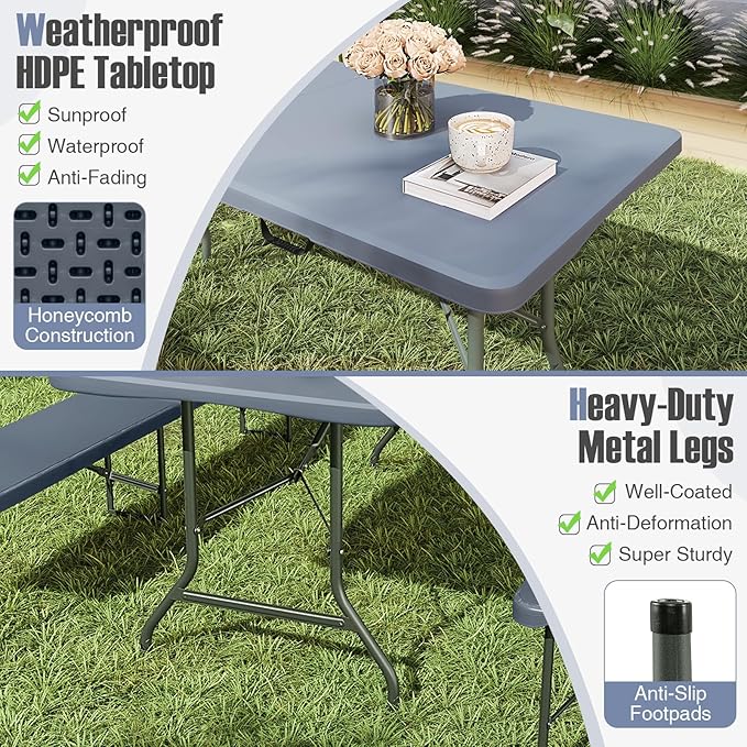 Folding Table, HDPE Portable Table with 8 ft Long Tabletop, Metal Frame Picnic Camping Table with Safe Lock, Collapsible Dining Table for Camping, Picnic, Party (Gray, 8 FT)