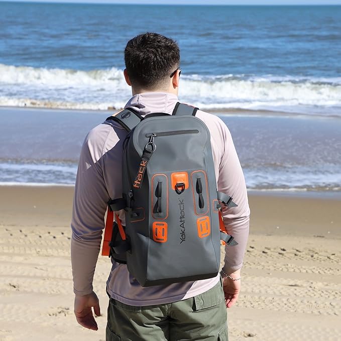 YakAttack 28L DryPak Waterproof Backpack with 2 Attachable Fishing Rod Holders – Grey/Orange | Floating Marine Dry Bag Pack with Padded Straps | Lightweight Hiking & Kayaking Gear & Storage Drybag