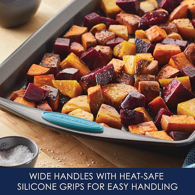 Rachael Ray Bakeware Nonstick Cookie Pan Set, 3-Piece, Gray with Agave Blue Grips