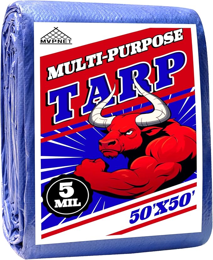 Tarp 50x50 ft 100% Waterproof Uv Resistant High Durability Multipurpose 5mil Blue Tarp for Covering Courtyards, Cars, Camping, Gardens, Pet Nests -by MVPNET
