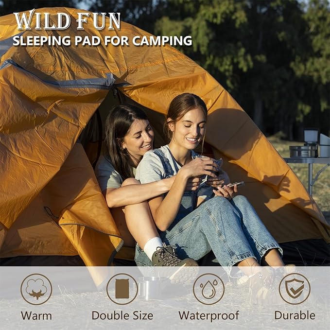 WILD FUN Double Sleeping Pad, 2in Camping Mattress 2 Person with Pillow, 5R Suede Insulated Self Inflating Camping Pad, Air Mattress Inflatable Sleeping Mat for Backpacking,Hiking(Khaki)
