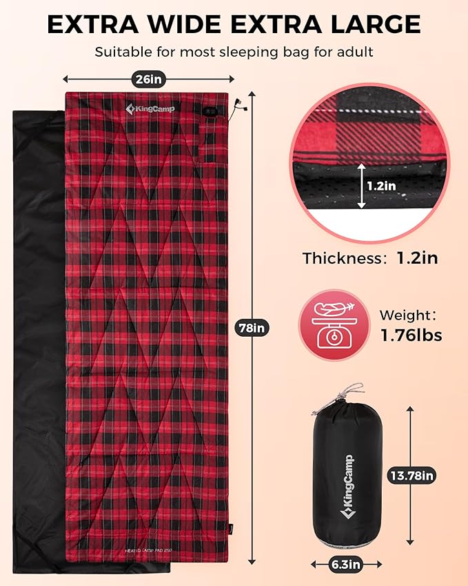 KingCamp 6 Heating Zones Heated Sleeping Bag Pad, 3s Heat-up Portable XL Sleeping Bag Liner for Cold Weather Camping, Hiking, Multi USB Power Supported, Compact Bag Included