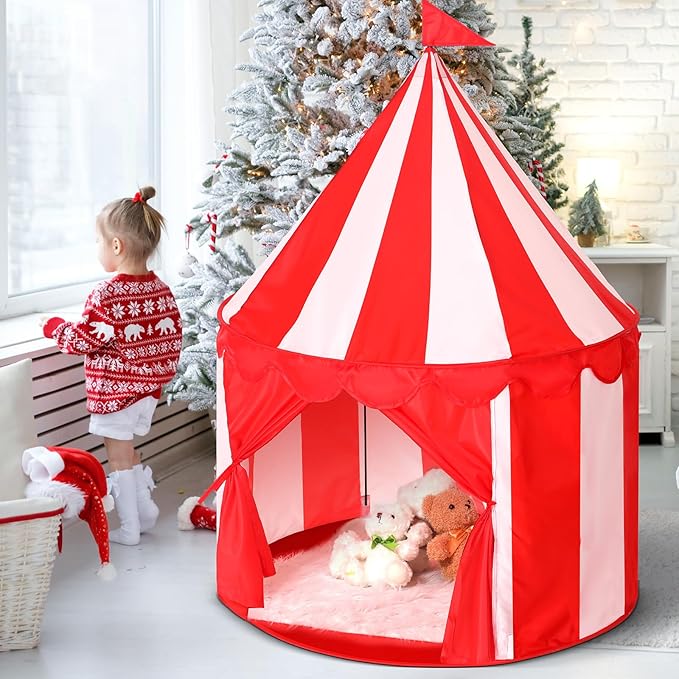 Circus Tent Red Floor Play Circus Tent Large Playhouse Castle for Play and Games Indoor and Outdoor Camping Activity(Red, White)
