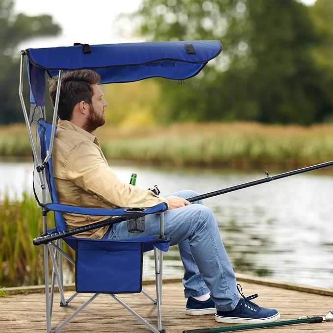 Elevon Camping Chair, Oversized Folding Chair with Canopy, Portable Outdoor Chair with Arms, Cup Holder and Carry Bag for Camping, Fishing, Beach, and Sports, Sky Blue