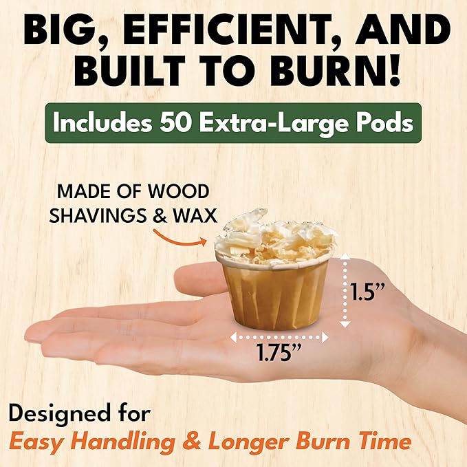 Superior Trading Fire Starter Pods in Plastic Bucket - Fire Starters for Campfires, BBQ, Grill, Pit, Wood Stove & Charcoal Starter, 15-20-Min Burn, 50 Extra Large Pods, USA Made, Brown, 3 Lbs