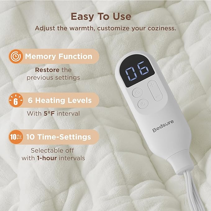 Bedsure Electric Blanket Twin - Quilted Heated Blanket Twin Size, Soft Flannel Thick Heating Blanket with 10 Time Settings & 6 Heat Settings, Warm Gifts for Women Men (62x84 inches, Ivory)
