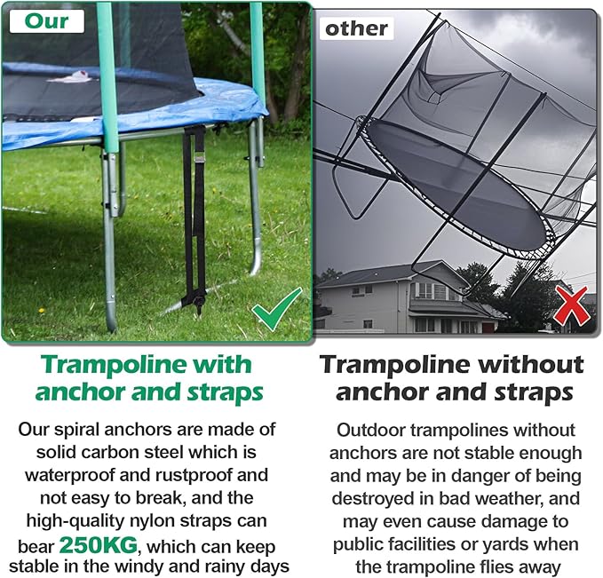 Trampoline Stakes High Wind Heavy Duty Kit, 4/6/8 Pack 18" Trampoline Anchors Ground Anchors Screw in with Adjustable Tie-Down Straps for RV Awning Swing Set Canopy Tent Stakes