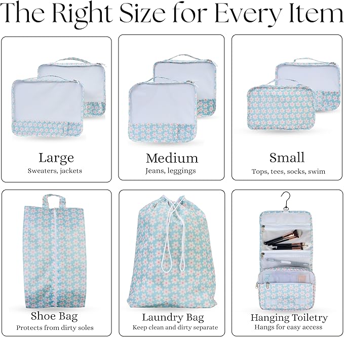 Packing Cubes Set – Cute Packing Cubes for Travel, Luggage Organizer Bags for Suitcase, For Kids & Family, Floral, Neutral & Aesthetic Travel Organizer Set-Blue Flower
