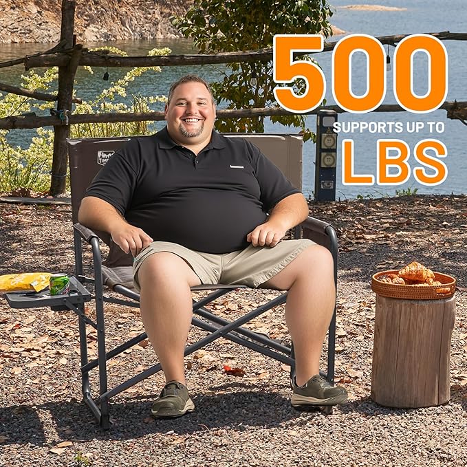 Timber Ridge XXL Director’s Chair – Heavy Duty Folding Chair with Side Table, 500 lb Capacity, Extra Wide Padded Seat for Camping, Sports, Beach, Patio, and Outdoor Use, Tan