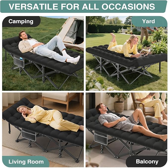 ZENPETIO Camping Cot for Adults, Heavy-Duty Portable Cot Bed with Mattress, Foldable Padded Sleeping Cots for Camping Travel Tent Day Bed Outdoor & Home Guest, Max Load 500 LBS, 75x28x15”