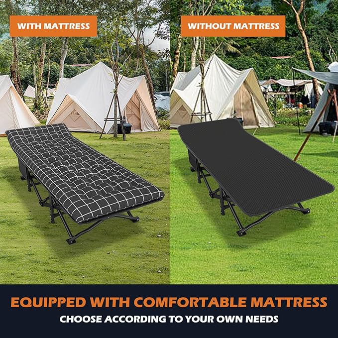 ATORPOK Camping Cot for Adults with Cushion Comfortable, Portable Folding Bed for Sleeping, Lightweight Folding Bed with Carry Bag for Kids Supports 450 lbs (Black)