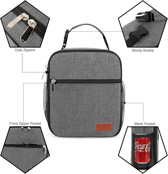 Lunch Box for Men Women Adults Small Lunch Bag for Office Work Picnic - Reusable Portable Lunchbox, Grey