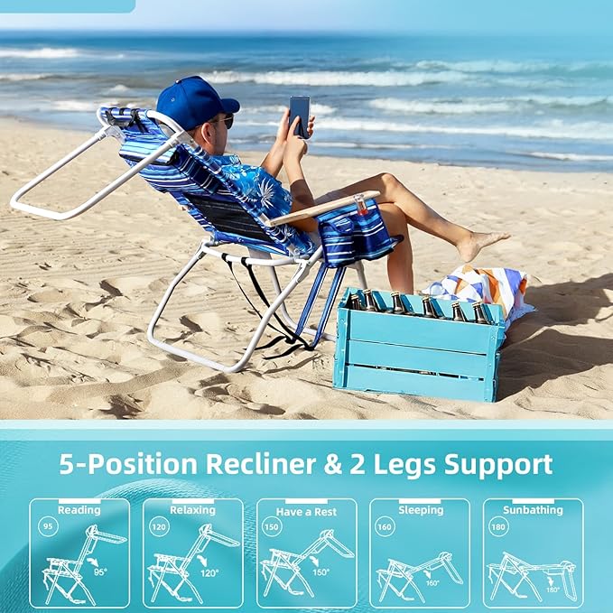 Tall Beach Chairs for Adults, 17" High Backpack Beach Chair with Wooden Armrests, 5 Positions Reclining Heavy Duty Chair with Large Cooler Pouch, Support to 350LBS Striped Blue,1pack