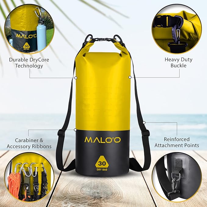 Malo’o DryPack 30L Waterproof Kayak Dry Bag, Heavy Duty Roll-Top Dry Bag with MOLLE Grid and Carry Straps for Fishing, Paddle Boarding, Boating, Camping, and Travel, Yellow
