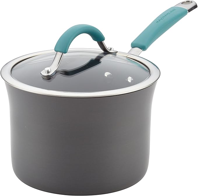 Rachael Ray Cucina Hard Anodized Nonstick Cookware Pots and Pans Set, 12 Piece, Gray with Blue Handles & Cucina Hard Anodized Nonstick Sauce Pan/Saucepan with Lid, 3 Quart, Blue