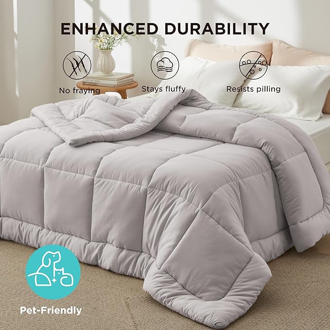 Bedsure Comforter Duvet Insert - Quilted Comforters King Size, All Season Duvet, GentleSoft Down Alternative Bedding, with 8 Tabs, Gifts for Women/Men, Light Grey, King 90 x 102 Inches
