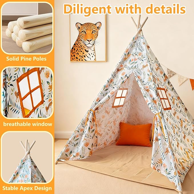 Bedroom Teepee Tent for Boys and Pets– Leopard Safari Indoor Play Tent for Ages 3–8 with Star Lights & Padded Mat, Leopard Canvas Teepee with 2 Windows, Skin-Friendly Washable, Easy Setup Cat House
