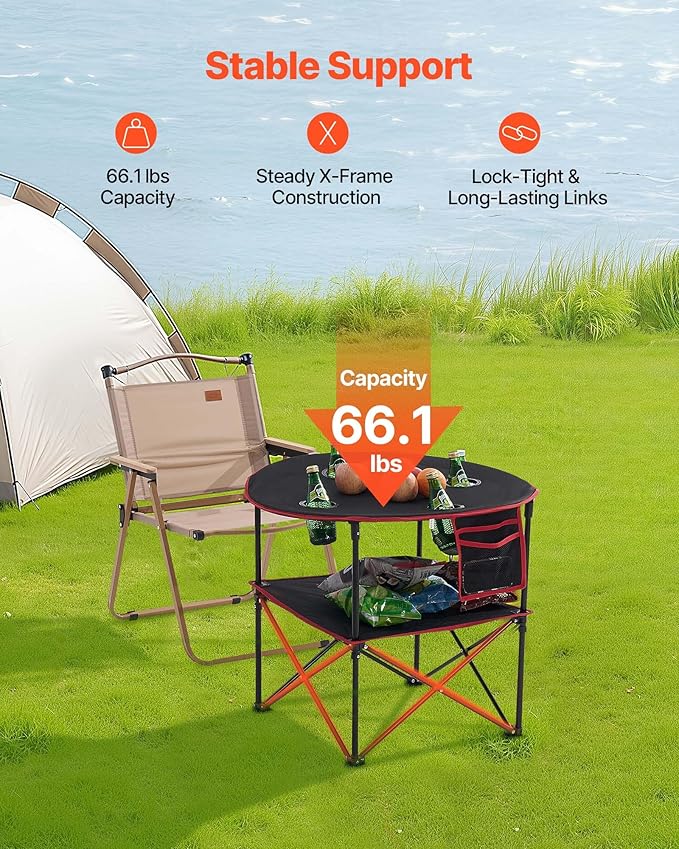 VEVOR Folding Camping Table, Portable Outdoor Lightweight Picnic Table, 600D Oxford Fabric Waterproof Canvas Travel Beach Tables, with 4 Cup Holders, Carry Bag, for Tailgating Camping Picnic, Black