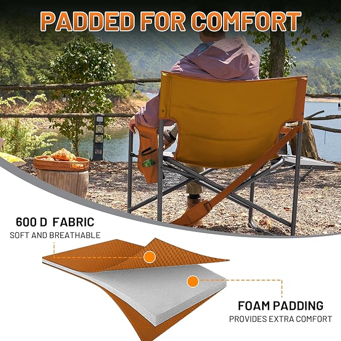 TIMBER RIDGE XXL Director’s Chair – Heavy Duty Folding Chair with Side Table, 500 lb Capacity, Extra Wide Padded Seat for Camping, Sports, Beach, Patio, and Outdoor Use, Orange-2 Pack