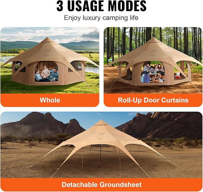 VEVOR Canvas Tent Bell, Yurt 4 Seasons for Camping with Stove Jack, Breathable Holds up to 4 People, Family Camping Outdoor Hunting Party