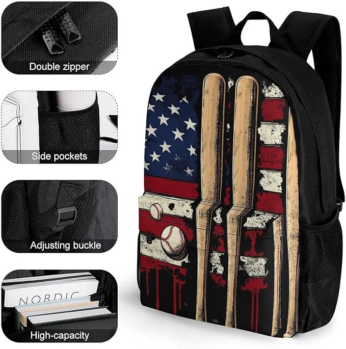 Supdreamc Men Women Polyester Patriotic Usa Retro American Flag Baseball Print Backpack Large Capacity Bookbag With Smooth Zippers for Climbing Picnic Bicycle