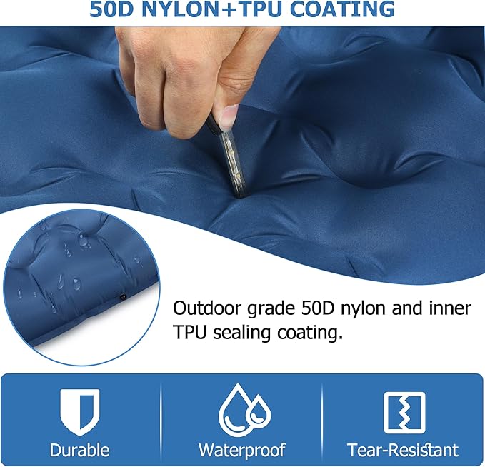 5.1" Thick Double Sleeping Pad with Foot Pump & Pillow, 77.5x53.9 2-Person Air Mattress for Camping, Ultralight & Compact for Backpacking, Hiking, Car Travel Navy Blue