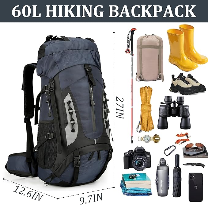 75L Hiking Backpack with Rain Cover Waterproof Camping Backpack Shoes Warehouse for Men Women, Frameless