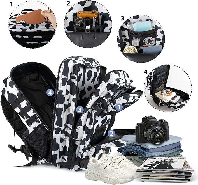 45L Military Tactical Backpack 3 Day Molle Assault Pack Large Army Bug Out Bag Rucksack Daypack for Men Outdoor Hiking Army Camping Hunting, Cow Print