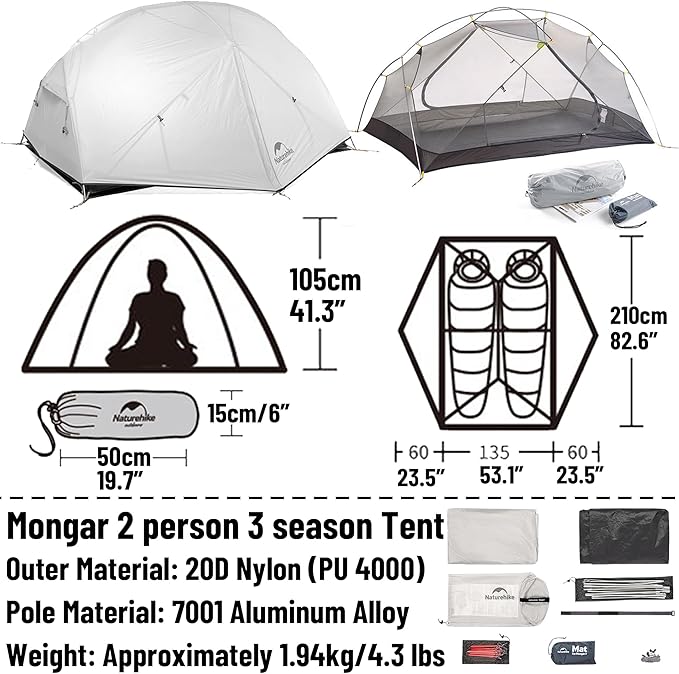 Naturehike Mongar UL Tent [2025 Upgrade] - 1-2 Person Ultralight 3 Season Camping Tent, Waterproof One Person Two Person Backpacking Tent for Hiking, Cycling, Easy Setup