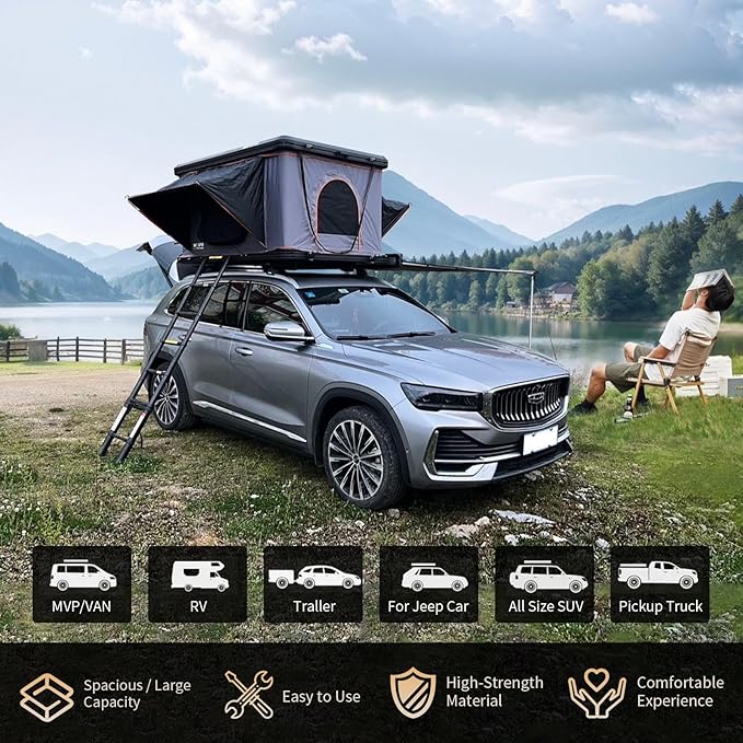 Hard Shell Roof Top Tent with Adjustable Roof Crossbars, 1-Minute Setup, 2-3 Person All-Season Camping Tent, Includes 3" Mattress, Ladder & LED Light - for SUV, Truck, Van(Standard Version)