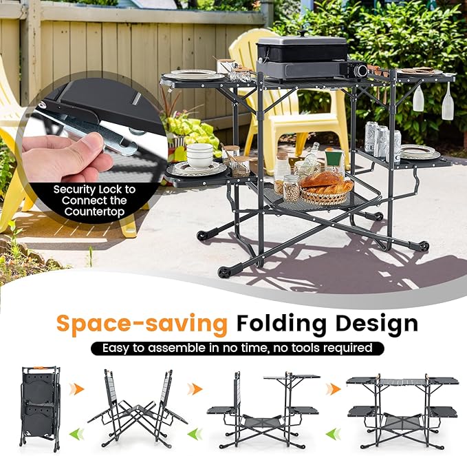Goplus Camping Cooking Table, Outdoor Grill Table, Folding Camp Kitchen with Aluminum Tabletop, 4 Side Tables, Storage Rack, Portable Cook Station Prep Table for Outside Picnic BBQ RV Tailgate
