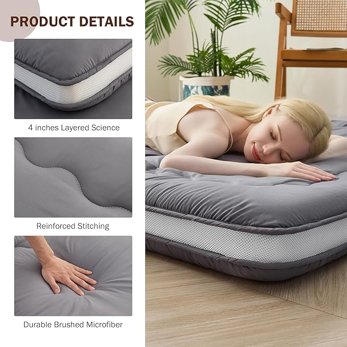 Japanese Floor Futon Mattress Twin Size, 4" Thicken Foldable Mattress Tatami Mat Sleeping Pad, 32D Foam Filled Traditional Shiki Futon (shikibuton), Designed in Japan (Grey 39"x 80")