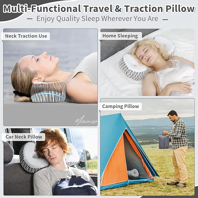 Neck Support Pillow, Cervical Neck Roll Memory Foam Pillow, Cervical Traction Device, Neck Pillow for Side Sleepers, Camping & Travel Pillow with Portable Bag