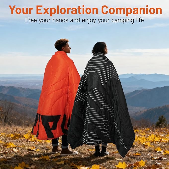 Lightweight Camping Blanket, Packable, Down Alternative, Puffy, Printed Wearable Blankets, Warm Camping Quilt with Snap Buttons for Outdoor, Travel, Hiking