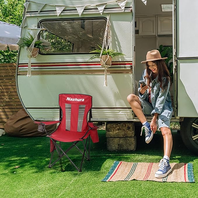 Nazhura 4 Pack Outdoor Camping Chairs Folding/Foldable/Portable with Cooler Pouch, Mesh Backrest and Cup Holder Pocket (Red, 4 Pack)