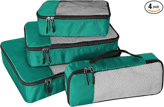4-Piece Packing Cubes Travel Accessories Set for Suitcases - Luggage Organizer Bags with Double Zipper - Mesh Top - Small/Medium/Large/Slim - Green