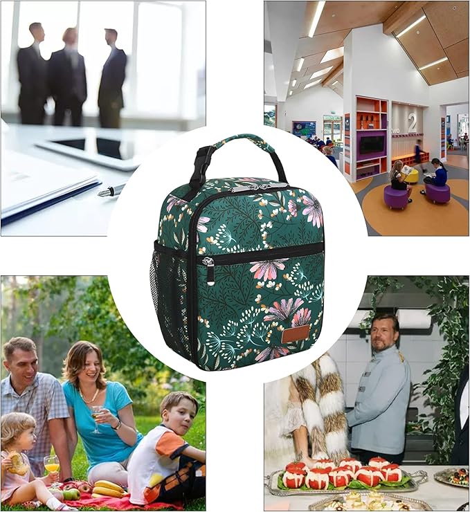 Lunch Box for Men Women Adults Small Lunch Bag for Office Work Picnic - Reusable Portable Lunchbox, Malachite Green Flower