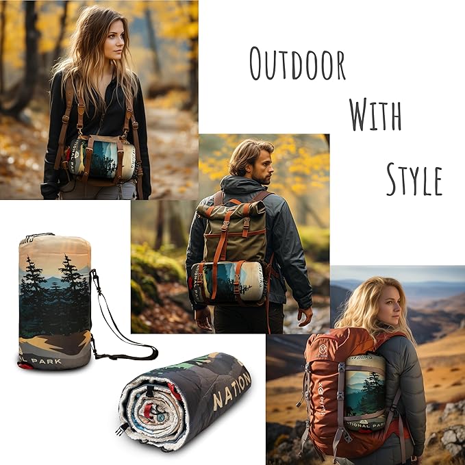 Sherpa Puffy Outdoor Camping Blanket for Traveling, Picnics, Beach, Concert, Car, Stadium, Sporting Events - Wearable Warm Waterproof - 55 X 78 (Great Smoky Mountains NP)