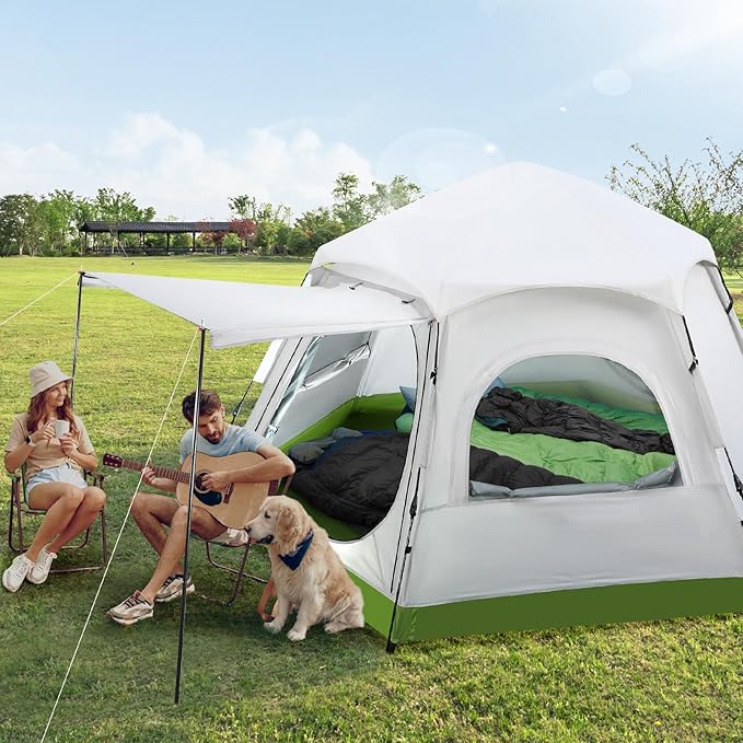 Family Camping Tent 4 Person Waterproof Cabin Tent with Awning and 4 Sided Mesh Windows Easy Setup Portable Outdoor Tent for Beach Park Mountain Hiking Fits 1 Full Air Mattress
