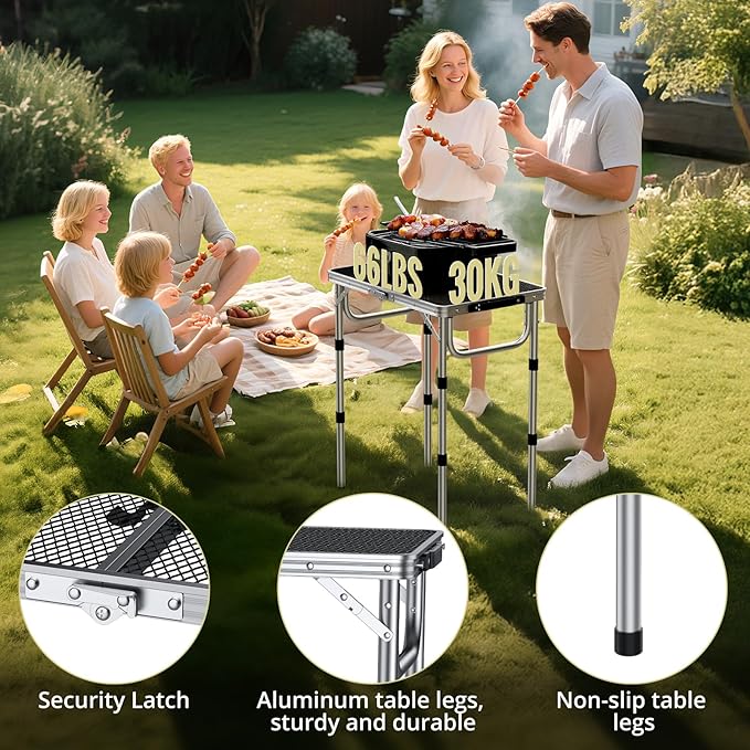 2ft Folding Grill Table, Adjustable Height Max 27.5" Aluminum Camping Table, Heat-Resistant Tabletop, Lightweight, Portable Handle for Travel Cooking BBQ Picnic, 22.8" x 16", Silver