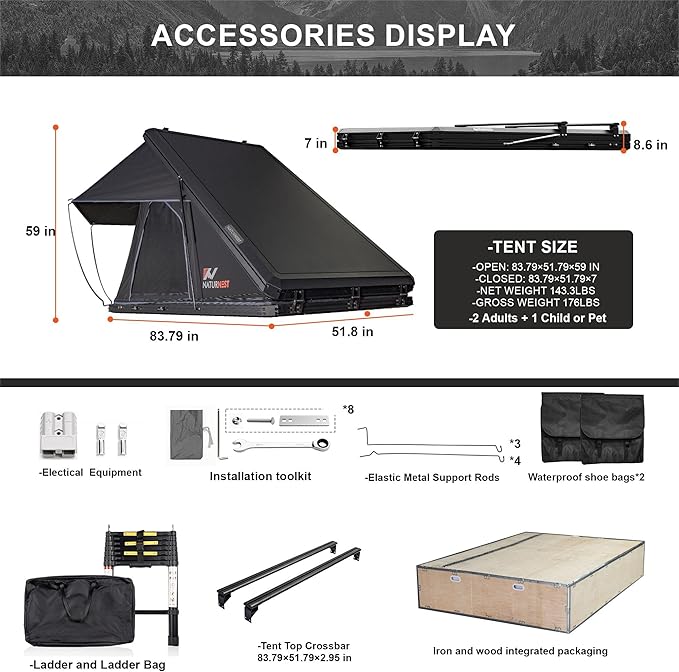Naturnest Hardshell Rooftop Tent with 2 Luggage Racks, Car Roof Top Tent with AC Inlets, 3-Color LED Lights and Internal USB Plug for Vans, Jeeps, SUVs and Trucks, 2-3 Person