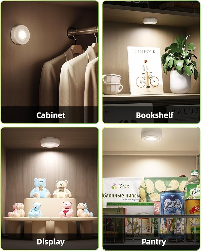EZVALO LED Puck Lights with Charging Station, Rechargeable Sitck On Tap Lights, Wireless Closet Light, 3 Color Temps, Under Cabinet Lights, 2.5'' Mini Touch Light for Kitchen,Pantry,Shelves(4 Pack)