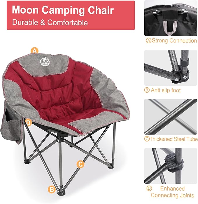 Northroad Folding Compact Camping Moon Chair, Outdoor Padded Saucer Round Chair w/Cup Holder Supports up to 300 lbs for Beach Hiking Fishing Picnic Lawn,Red