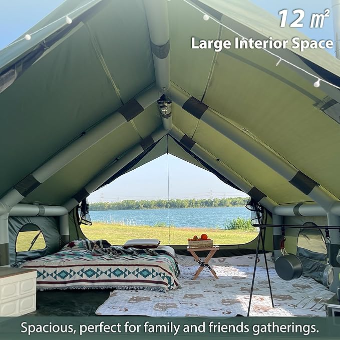 Inflatable Camping Tent with Hand Pump Waterproof Outdoor Blow up Tent Oxford 4 Season Air Tent Cabin House with Mesh Windows & Door 12sq/6sq Green