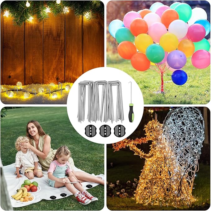 Greaner 240PCS Garden Staples, 11 Gauge Heavy Duty Stakes for Gardening, 6 Inch Landscape Pins with Gasket Kit and Pick Hook for Ground Cover, Artificial Turf, Landscape Edging