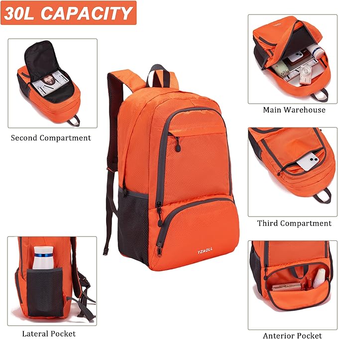 YZAOLL 30L Hiking Backpack Lightweight Day Packs, Packable Backpack for Women Men Travel Camping Vacation,Orange